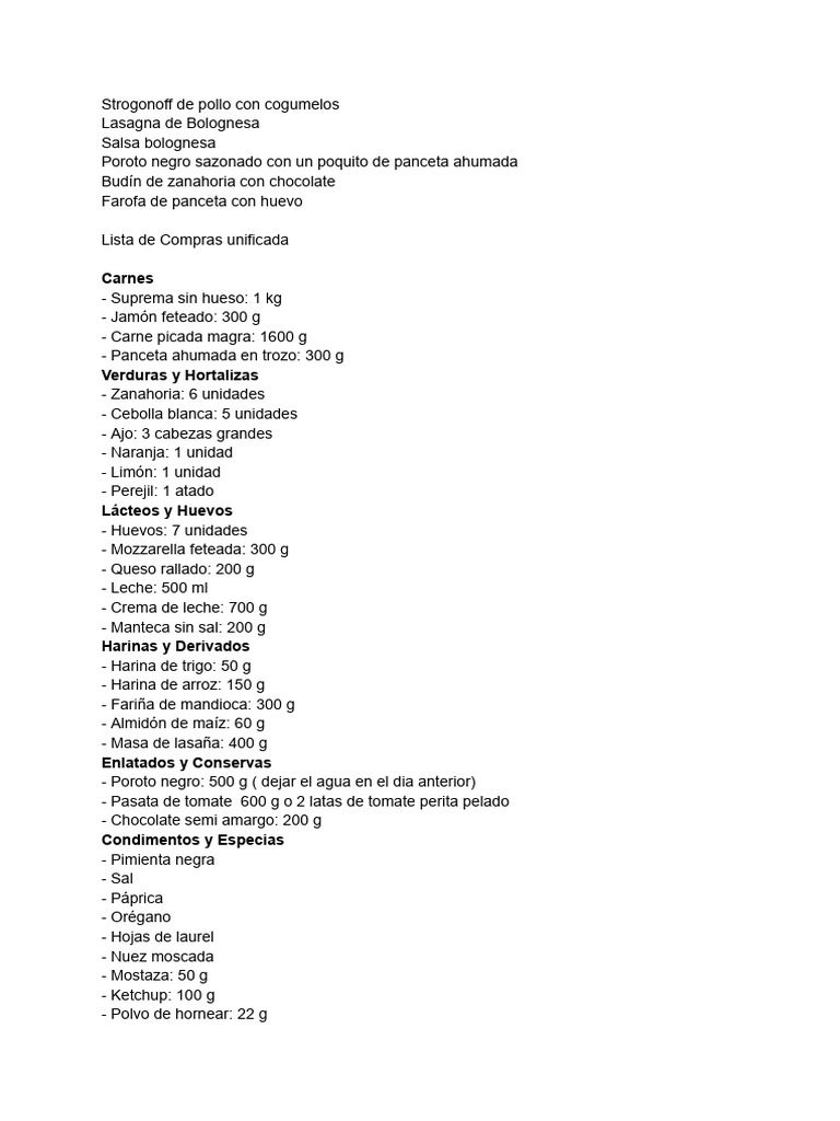 Recetas y Lista de Compras Variadas | PDF
