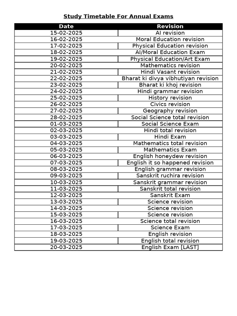 Class 6 Revision Timetable 2025 | PDF