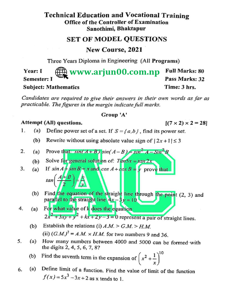 Engineering Mathematics New Model Question - WWW - Arjun00.com - NP | PDF