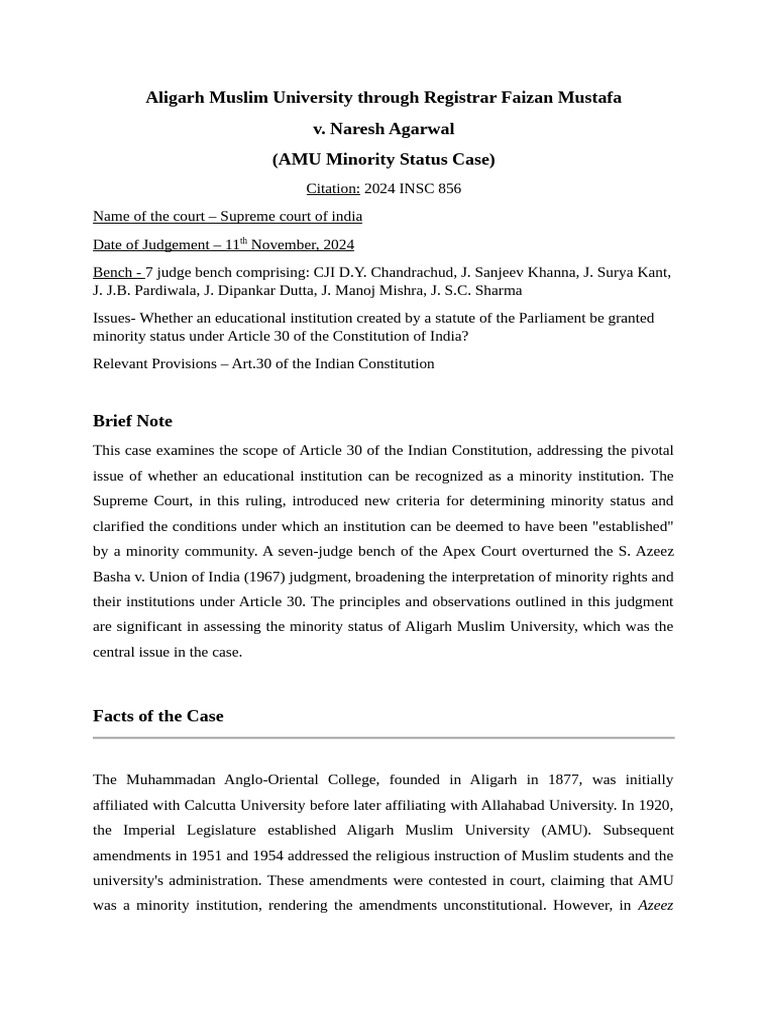 AMU Minority Status Ruling Explained | PDF | Minority Group | Supreme ...