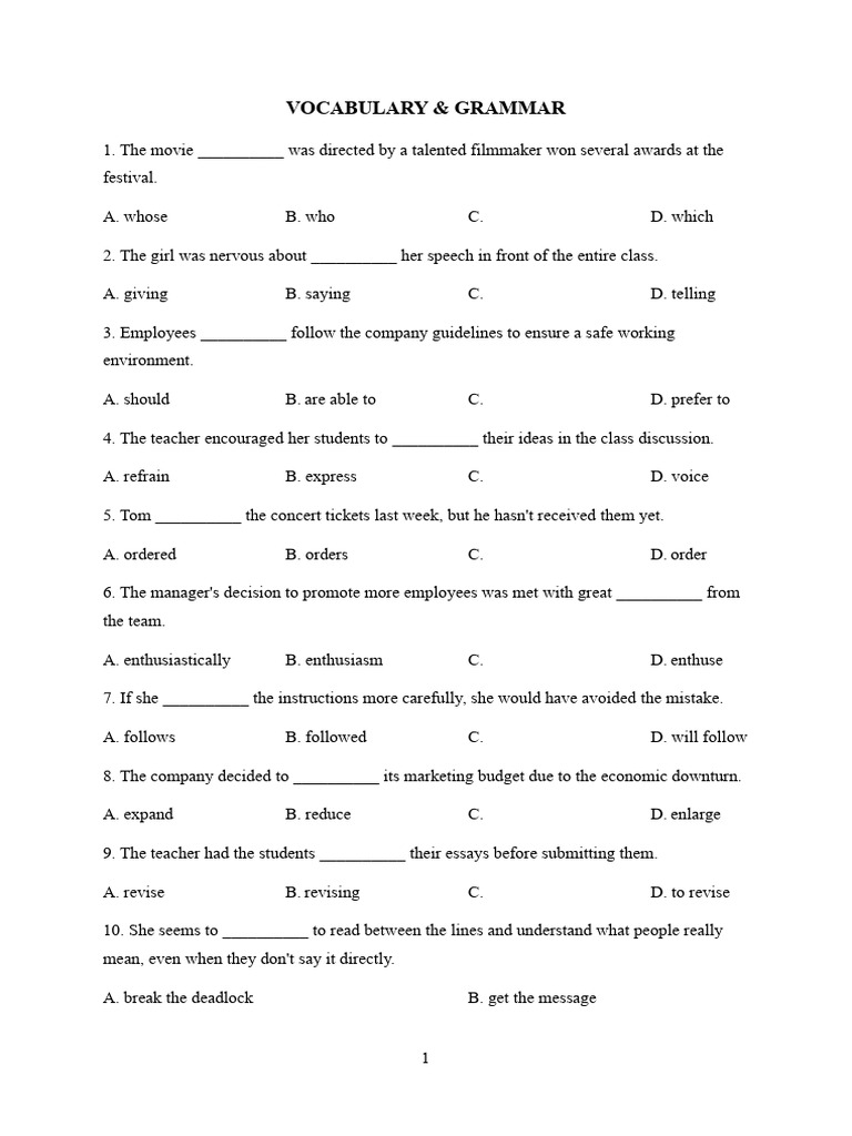 Vocabulary and Grammar Exercises | PDF