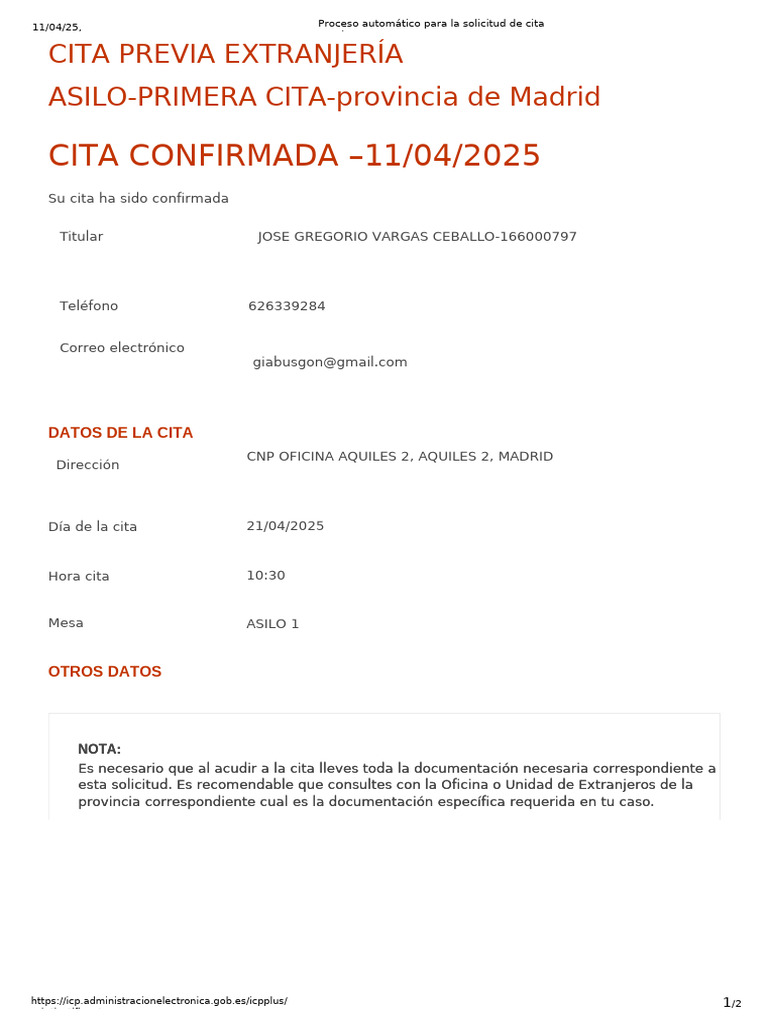 Cita Previa Asilo Madrid Confirmada | PDF