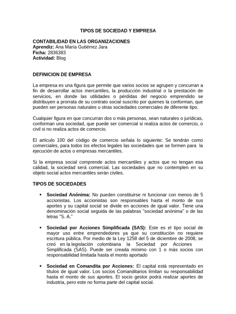 Tipos de Sociedad y Empresa en Colombia | PDF | Sociedad de ...