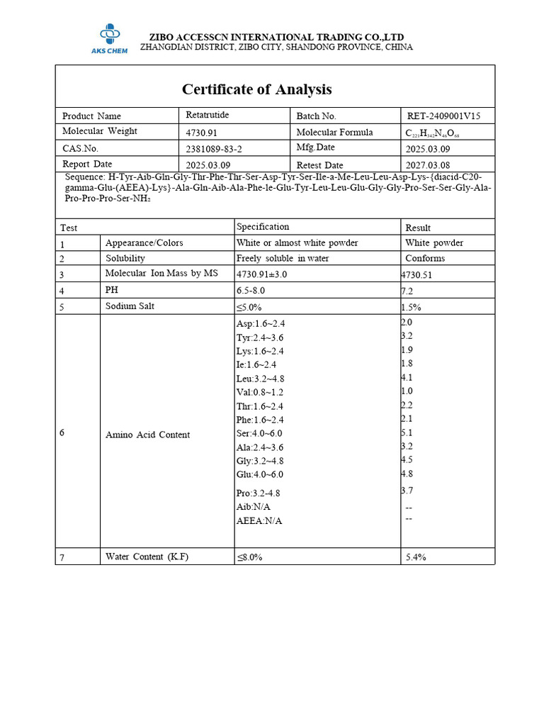Retatrutide Certificate of Analysis | PDF | Amino Acid