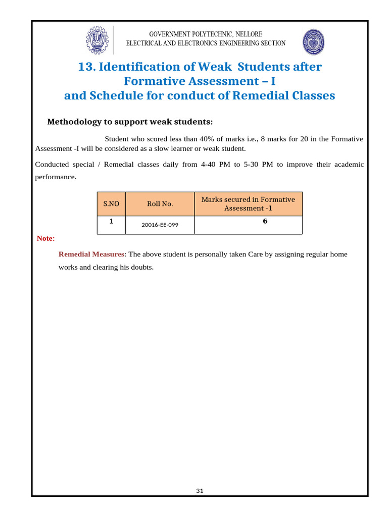 Remedial Classes for Weak Students | PDF