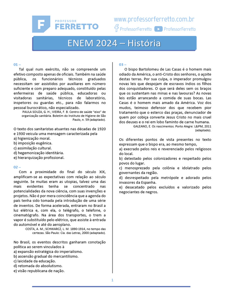 Questões de História ENEM 2024 | PDF | Idade Média | Brasil