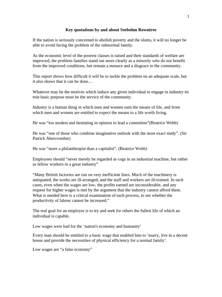 Beatrice Webb on Seebohm Rowntree's Impact | PDF | Living Wage | Employment