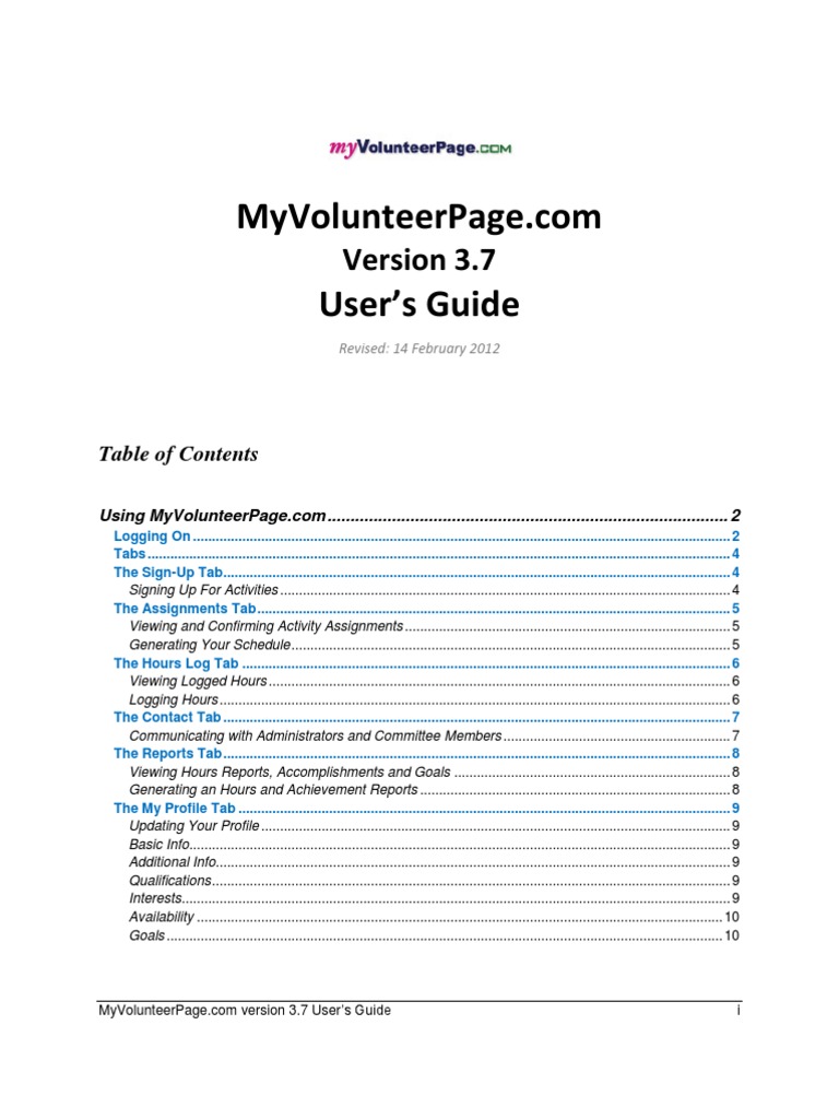 MyVolunteerPage User Guide Tab Gui Login