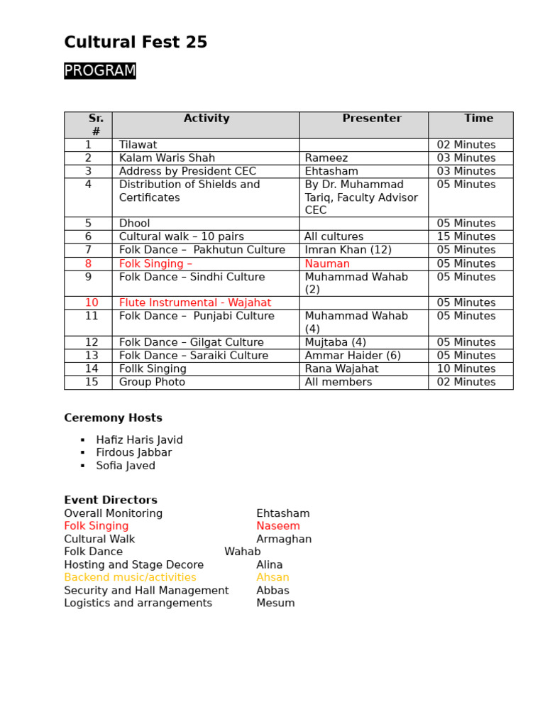 Cultural Fest 25 Program Overview | PDF