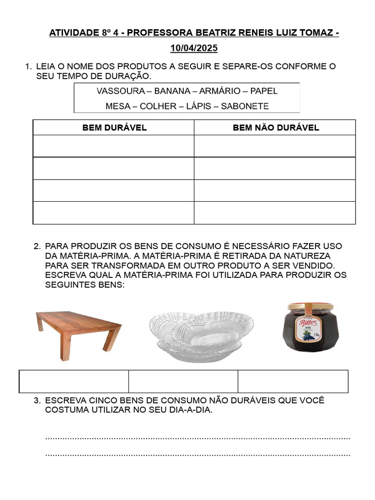 Atividade sobre Bens Duráveis e Não Duráveis | PDF