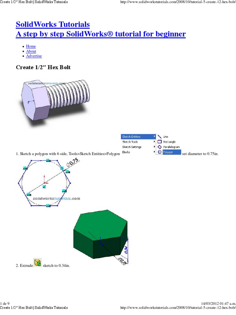 Create 1 2 Hex Bolt Solidworks Tutorials Pdf Screw Computing