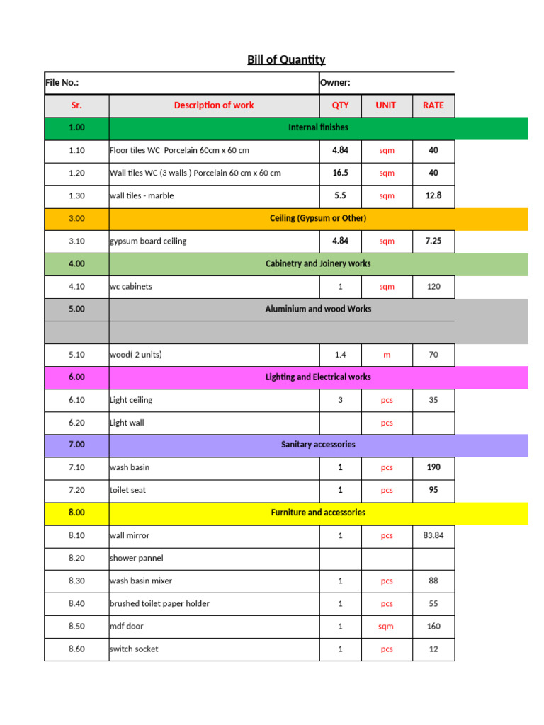 Detailed Bill of Quantity for Interior Works | PDF | Architectural ...