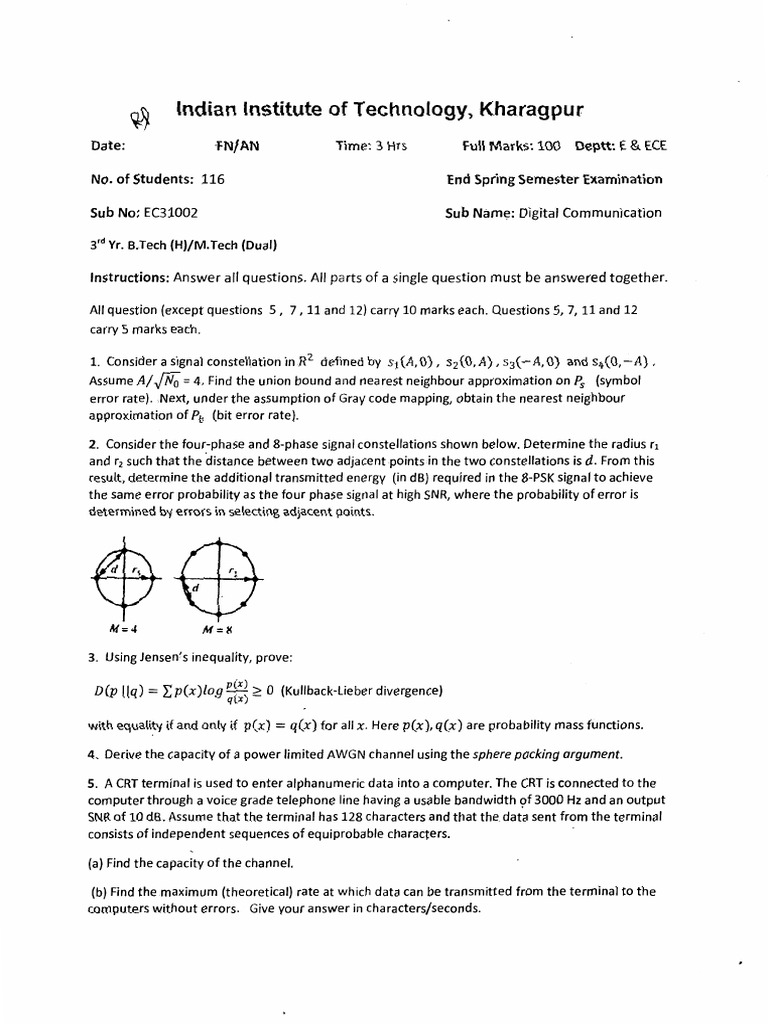 Digital Communication Exam Paper | PDF | Signal To Noise Ratio ...