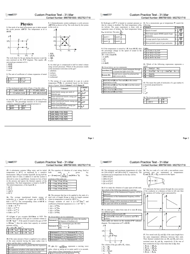 Physics Practice Test Questions | PDF | Gases | Temperature