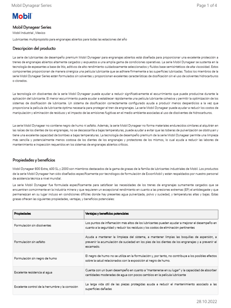 Lubricantes Mobil Dynagear para Engranajes | PDF | Lubricante | Engranaje