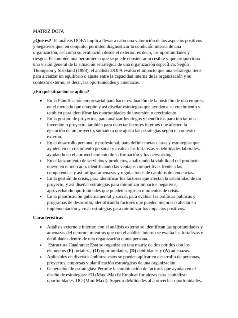 Análisis y Aplicación de la Matriz DOFA | PDF | Análisis FODA | Business