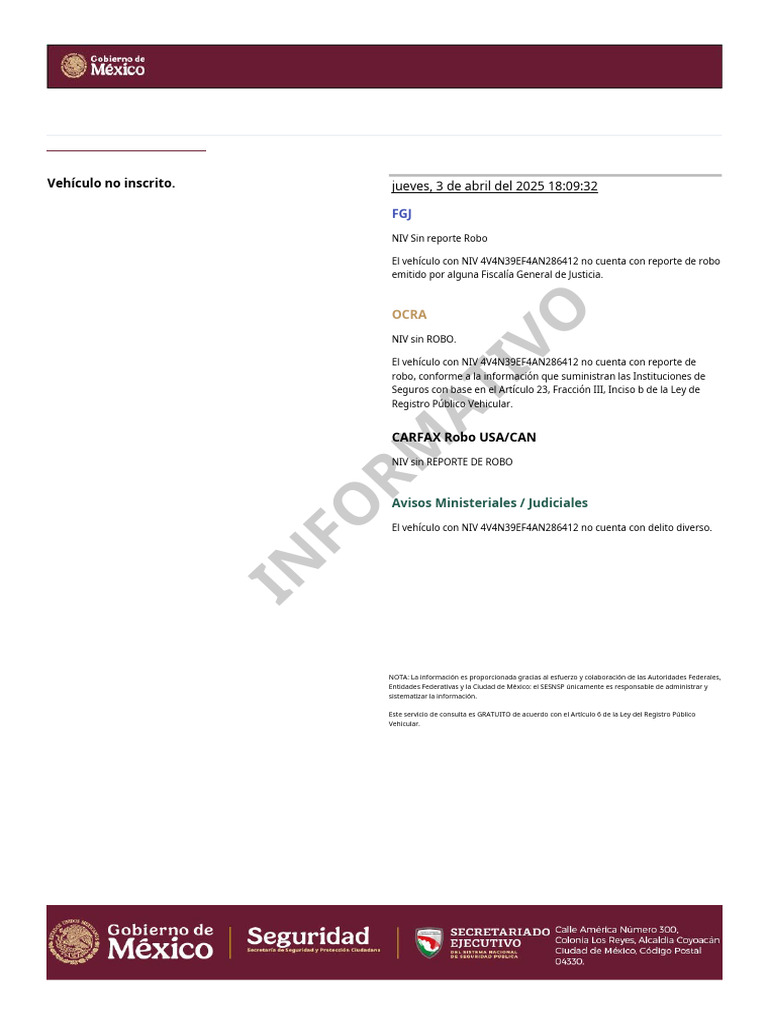 Consulta de Robo Vehicular NIV 4V4N39EF4AN286412 | PDF