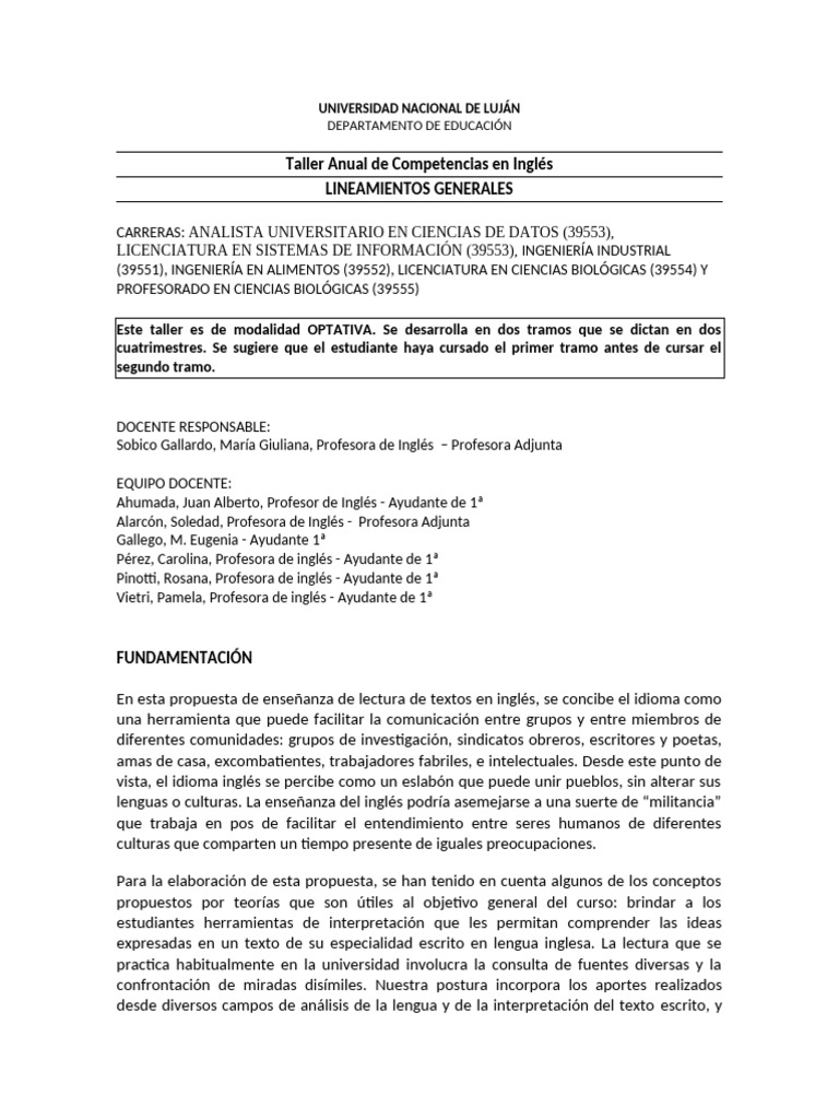 Taller Anual de Competencias en Ingles | PDF | Verbo | Maestros