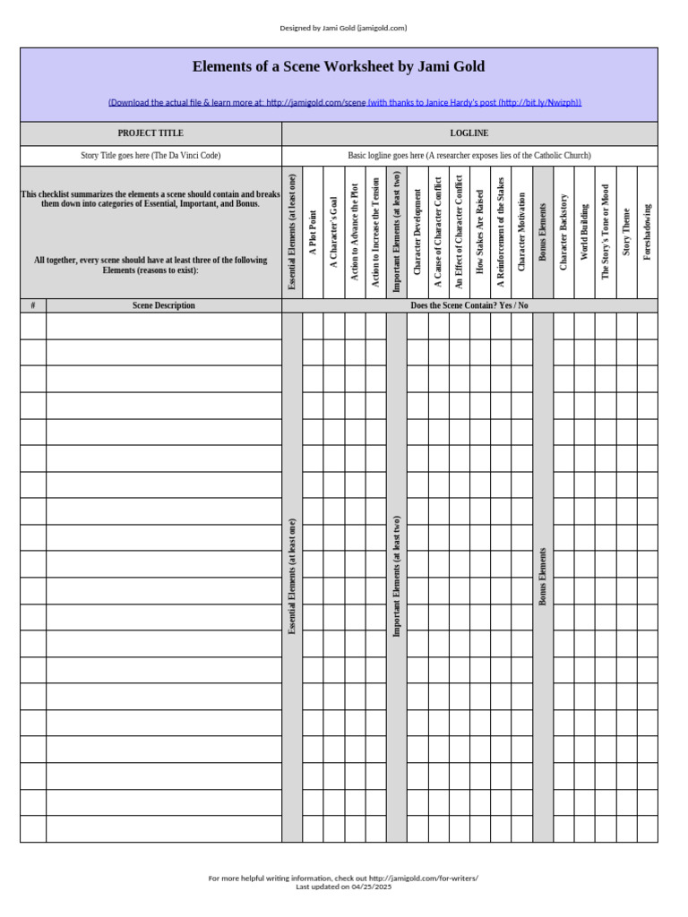 Scene Elements Checklist Worksheet | PDF