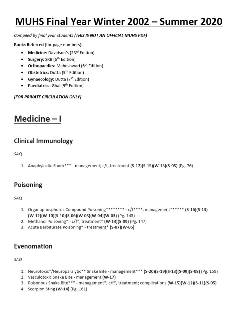 MUHS Final Year Medical Exam Guide | PDF | Kidney Disease | Respiratory ...