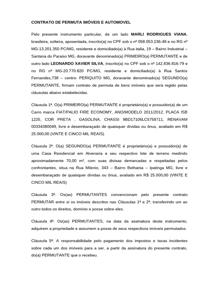 Contrato de Permuta: Imóveis e Veículo | PDF | Direito Comum