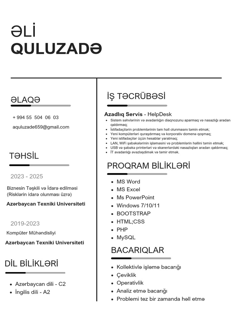 Quluzadə Əli CV | PDF