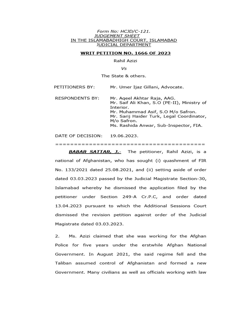 W.P No. 1666 of 2023 Rahil Azizi vs. The State 638282052901135229 | PDF ...