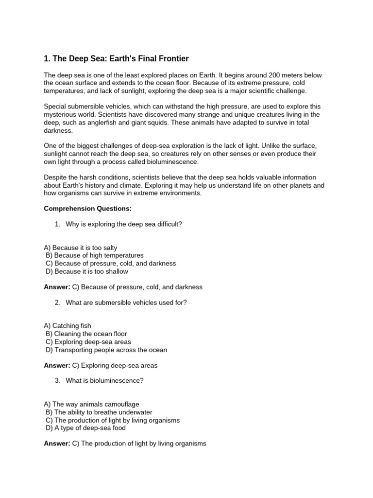 ADVANCED Reading Comprehension Questions | PDF | Bees | Deep Sea