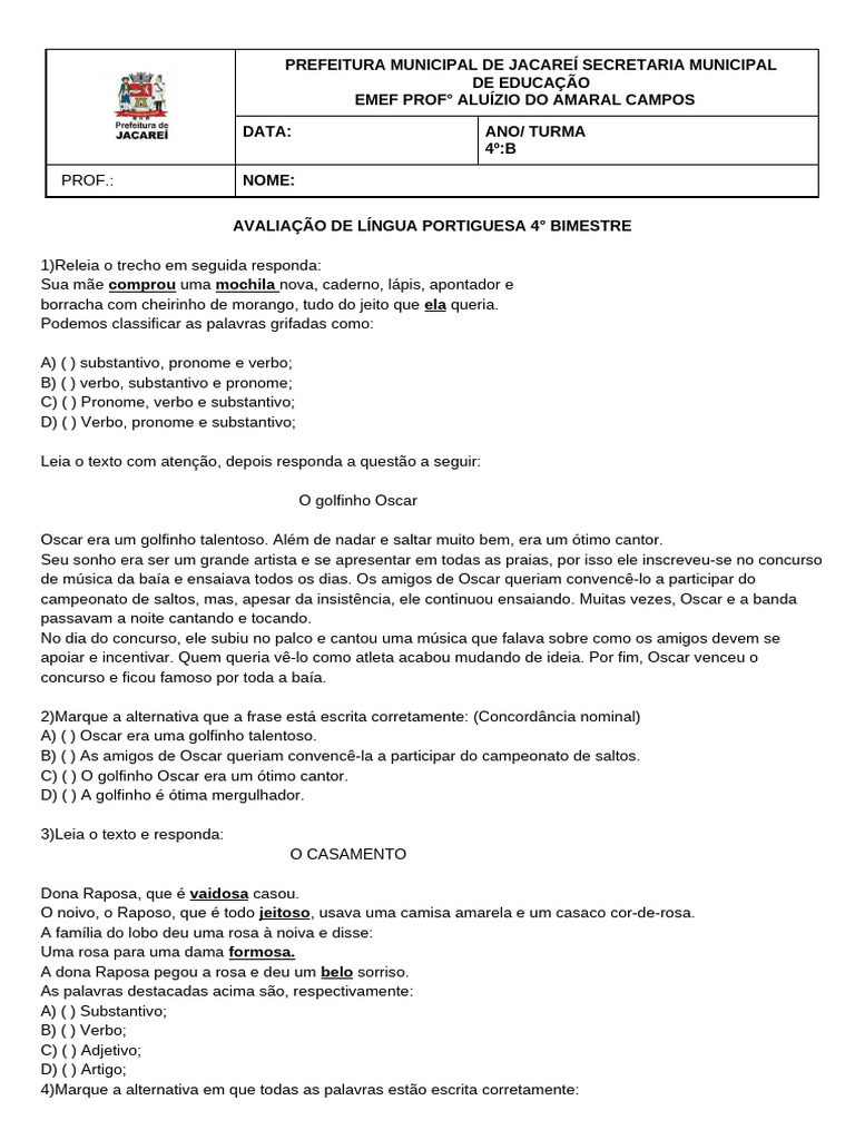 Avaliação de Língua Portuguesa 4º Ano | PDF | Pronome | Famílias ...