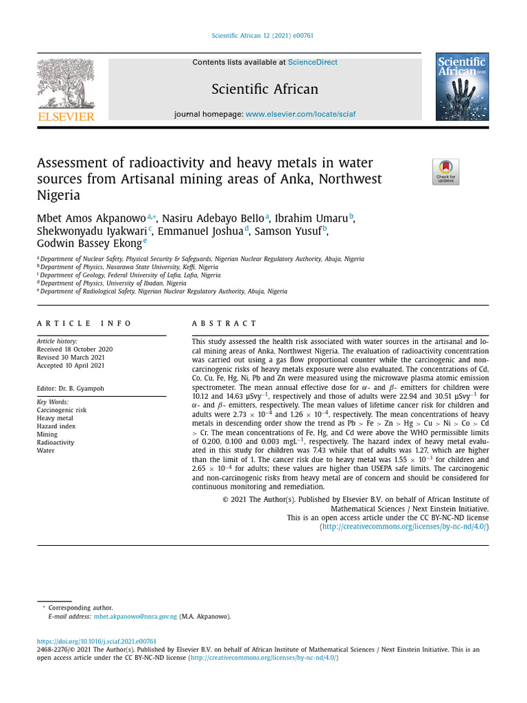 Assessment of Radioactivity and Heavy Metals in Water Sources - 2021 ...