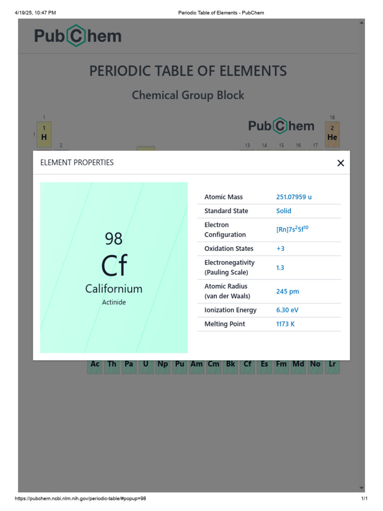Periodic Table of Elements -Cf- PubChem | PDF | Periodic Table | Atoms