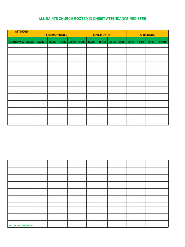 All Saints Church Attendance Register | PDF