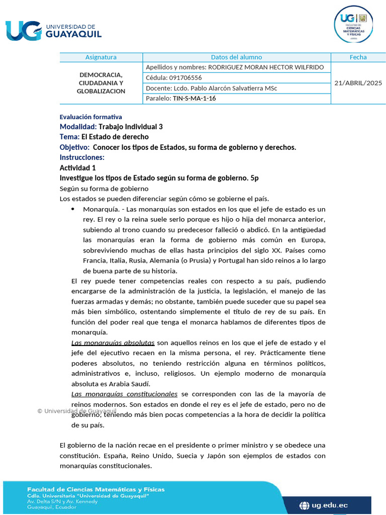 Tipos de Estado y Gobierno en Derecho | PDF | Democracia | Ideologías ...