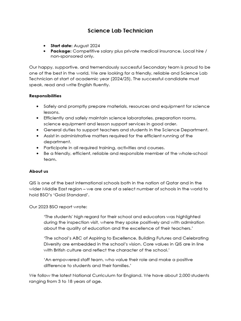 Science Lab Technician Job at QIS | PDF | Laboratories | Background Check