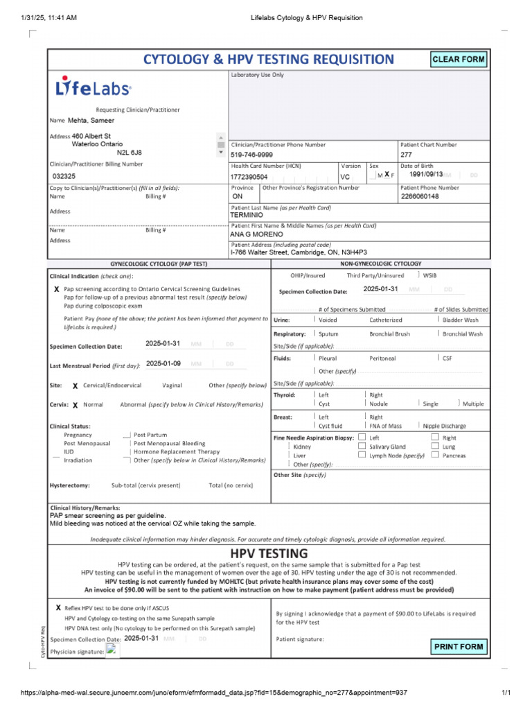 Lifelabs Cytology & HPV Requisition Form | PDF