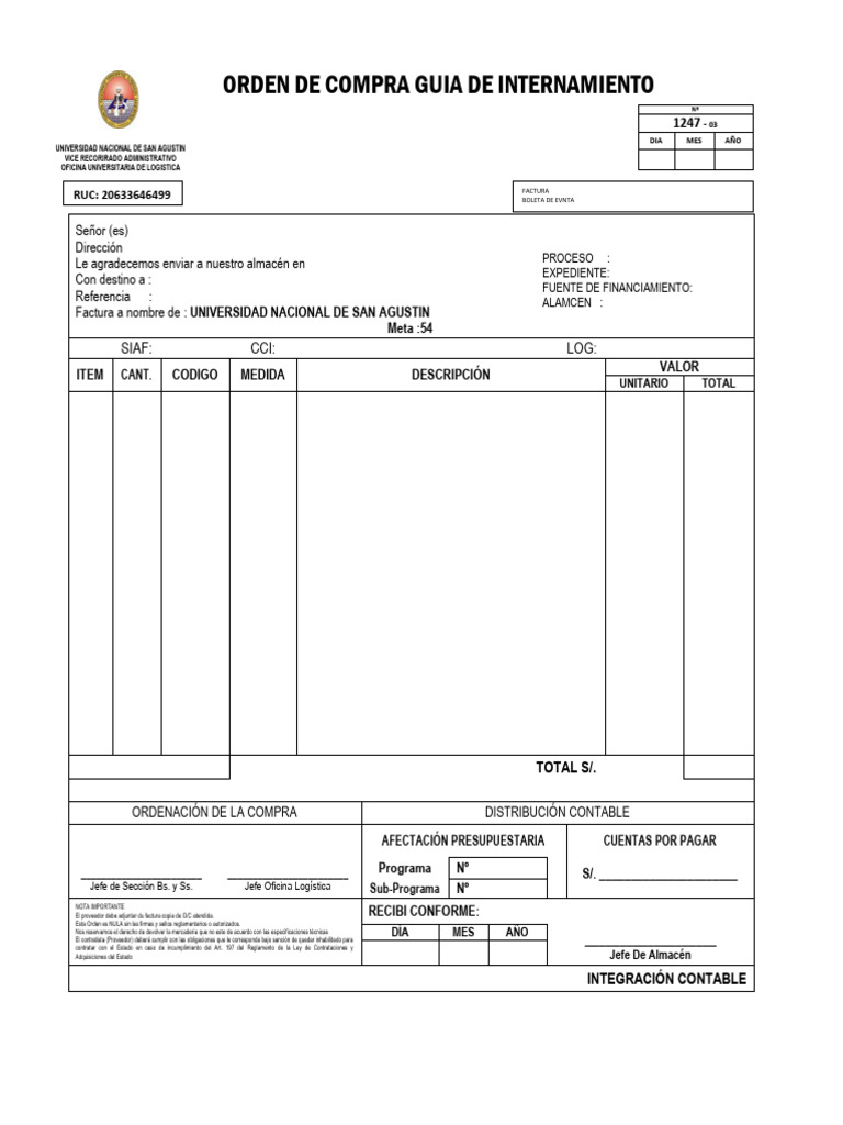 Orden de Compra para Proveedores UNASAM | PDF