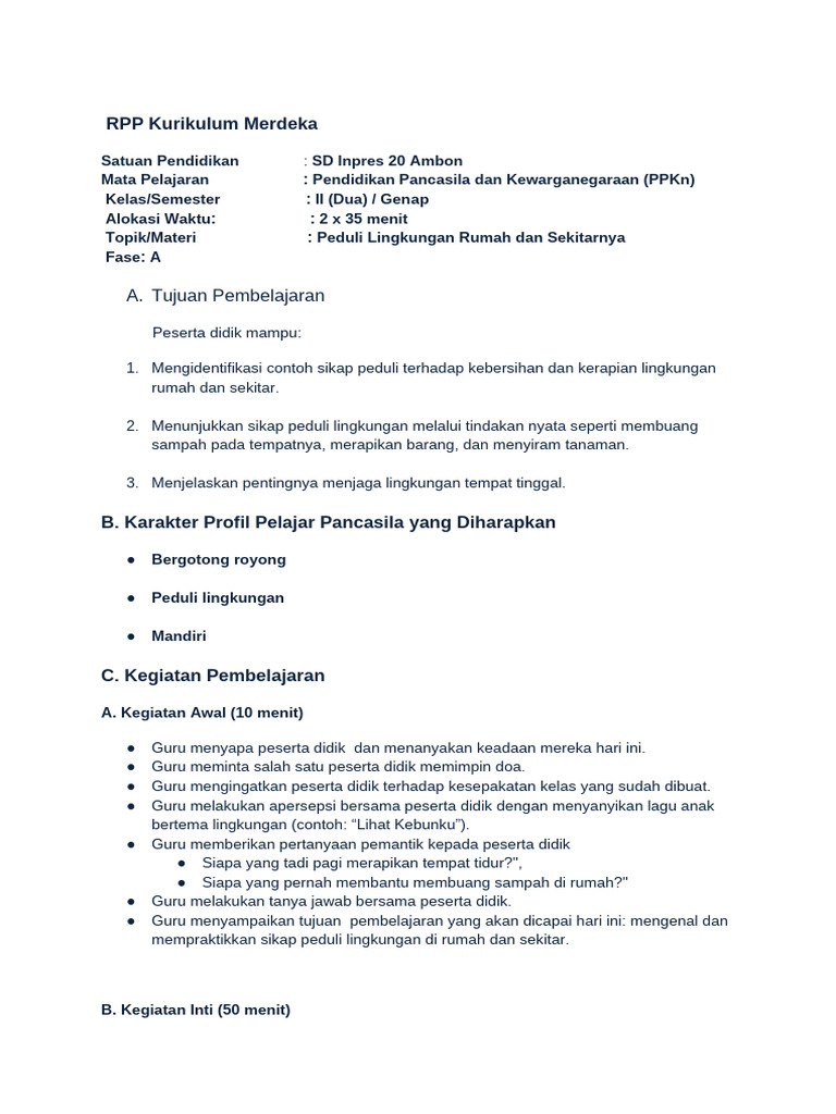 RPP Observasi Mapel PPKN Kelas 2 Revisi | PDF