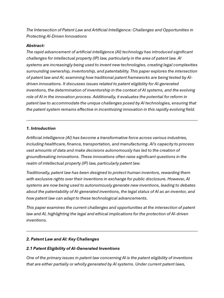 The Intersection of Patent Law and Artificial Intelligence | PDF ...