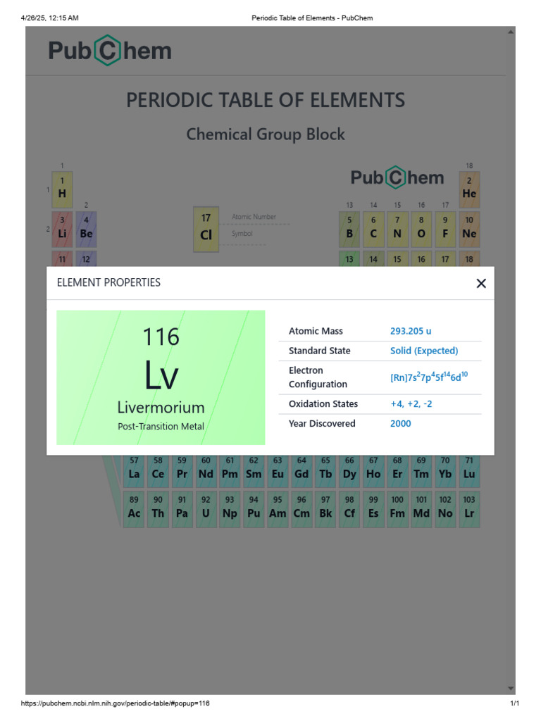 Periodic Table of Elements - Lv-PubChem | PDF | Atoms | Chemical Elements