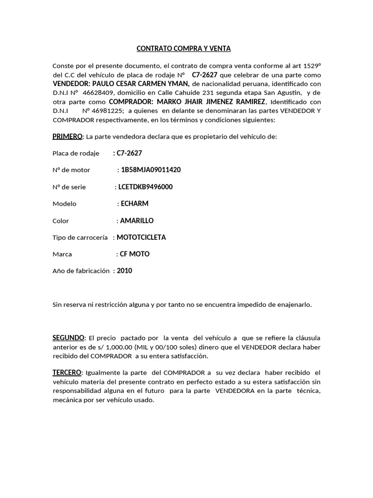 Contrato de Compra Venta de Motocicleta | PDF