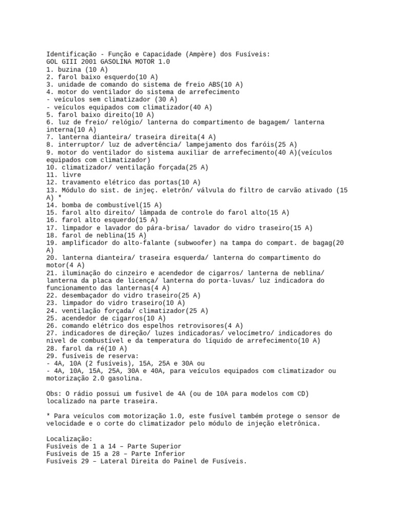 Tabela de Fusíveis Gol G3 2001 | PDF