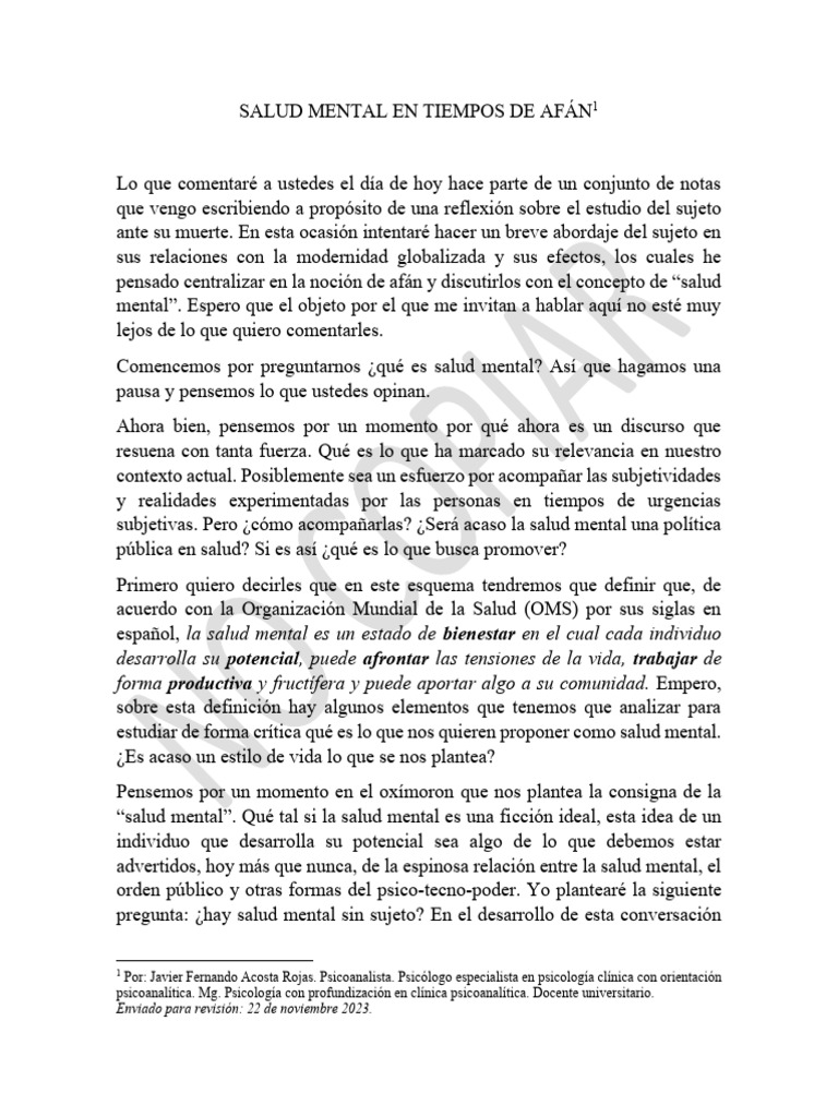 Acosta, Salud Mental en Tiempos de Afán | PDF | Mente | Narración
