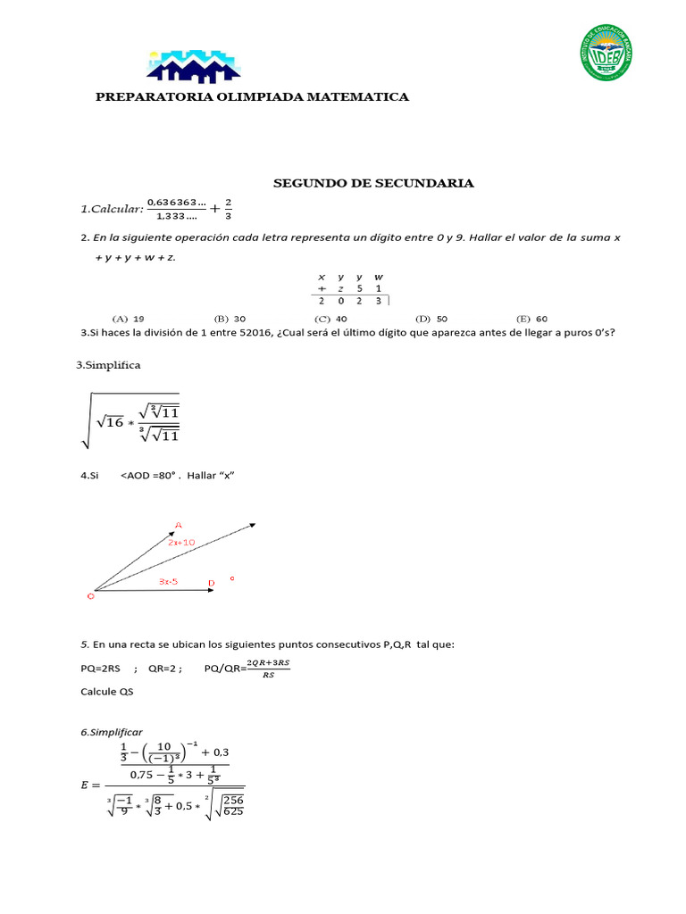 Ejercicios de Matemáticas 2do Secundaria | PDF