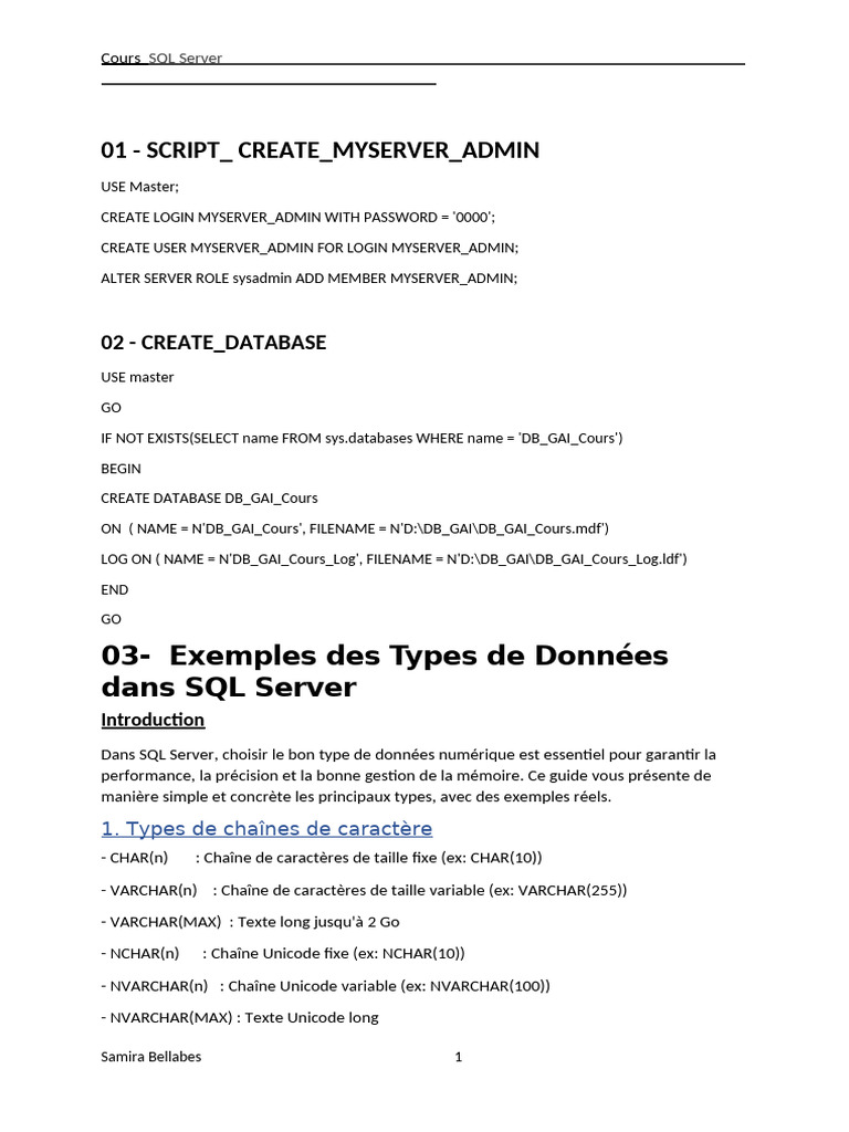 Guide des Types de Données SQL Server | PDF | Décimal | Microsoft SQL ...