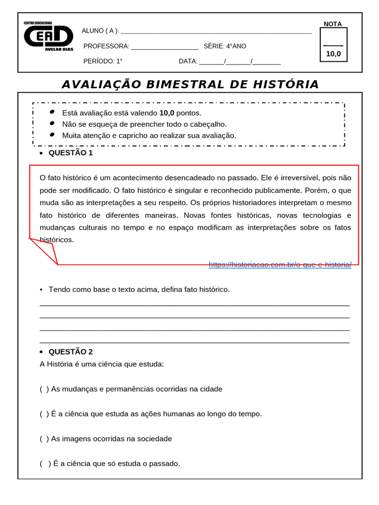 Avaliação de História 4º Ano: Fatos e Mudanças | PDF | Comunicação ...