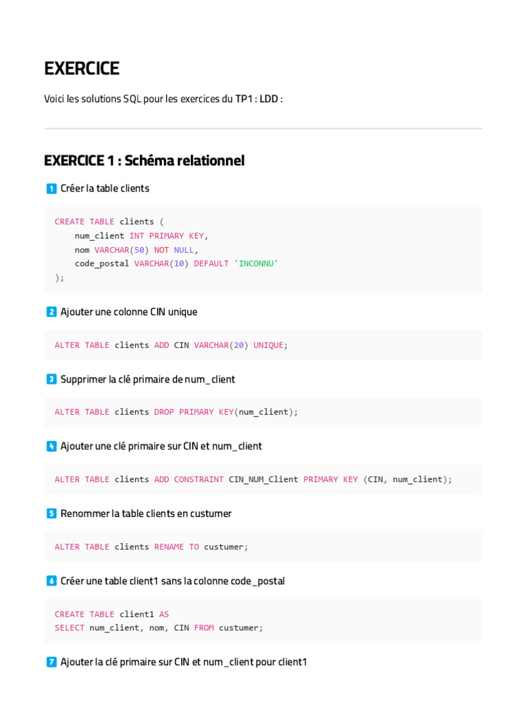 Solutions SQL pour exercices LDD TP1 | PDF | Recherche d'information ...