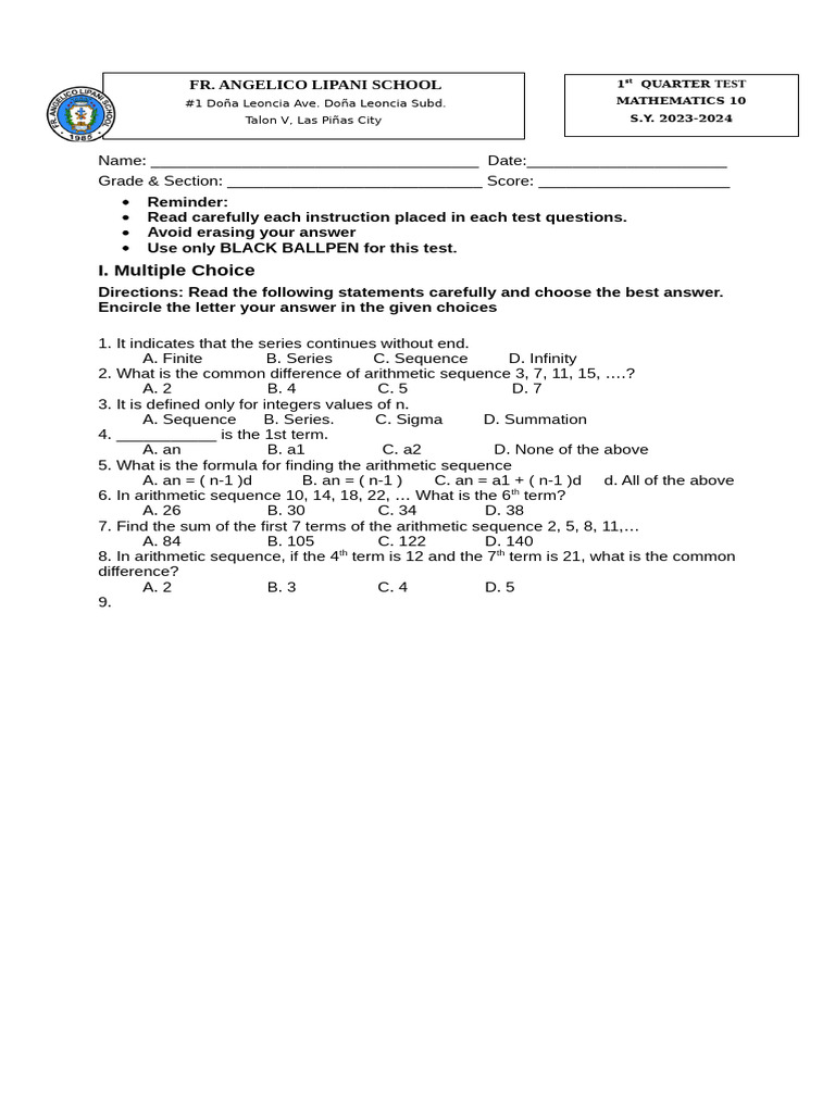 Mathematics 10 Quarter Test Guide | PDF