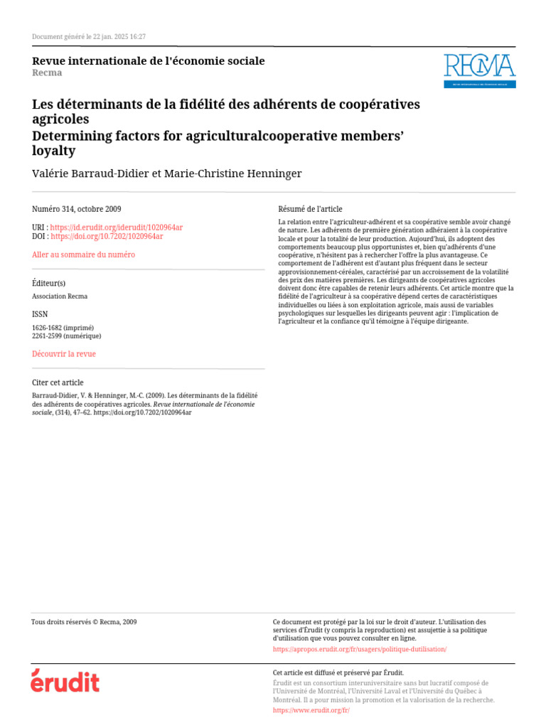 Fidélité des adhérents en coopératives agricoles | PDF | Coopérative ...