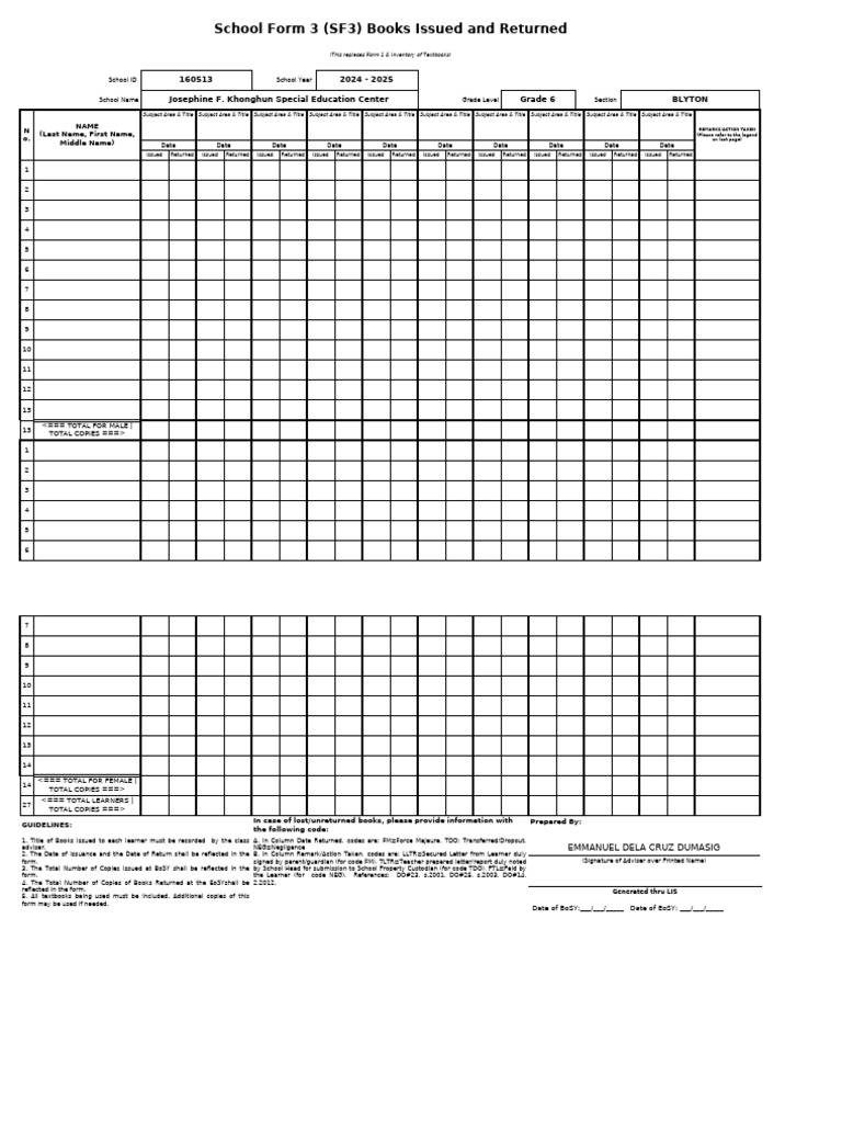 SF3 Books Issued and Returned Report | PDF