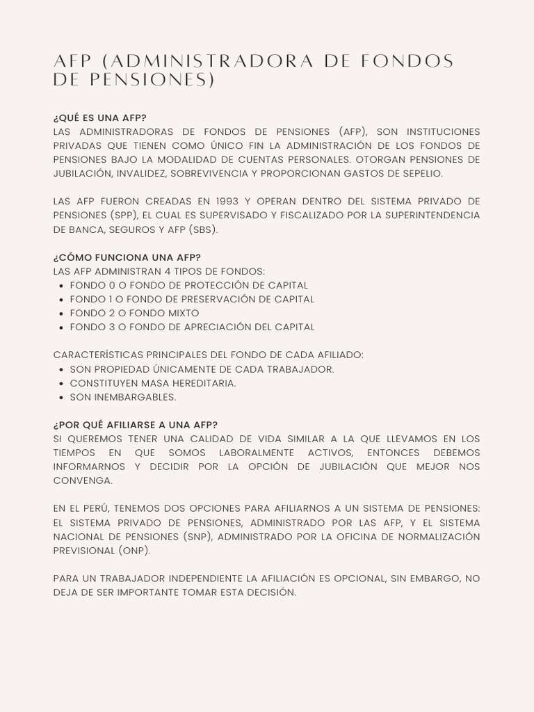 Afp (Administradora de Fondos de Pensiones) : ¿Qué Es Una Afp? | PDF ...
